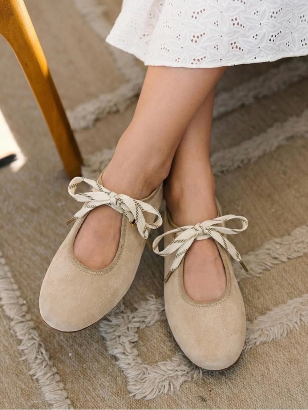Women's Beige Suede Tie-Front Flats